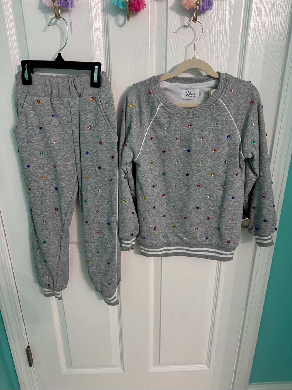 Lola + The Boys Grey Sweatshirt and Jogger Set with Multicolor Sequins